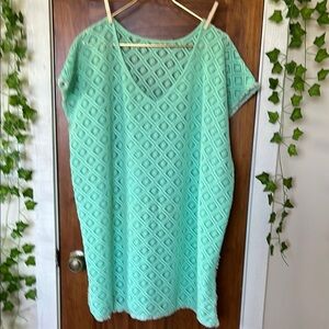 Fringed Crochet Swim Beach Cover Tunic Pastel Mint Green | XL